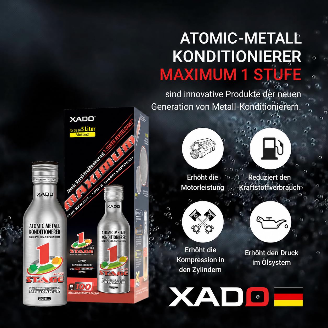 XADO Additivo per olio motore per la riparazione e la protezione dall'usura - Condizionatore Atomico del Metallo con Revitalizant® - 1Stage Maximum, 225ml (per volumi di olio fino a 5lt)