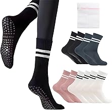 5 Pairs Women's Non-Slip Socks Yoga Socks Pilates Women's Yoga Socks for Yoga Pilates Trampoline Fitness Sport, EU 36-42, White, black, grey, pink, 38