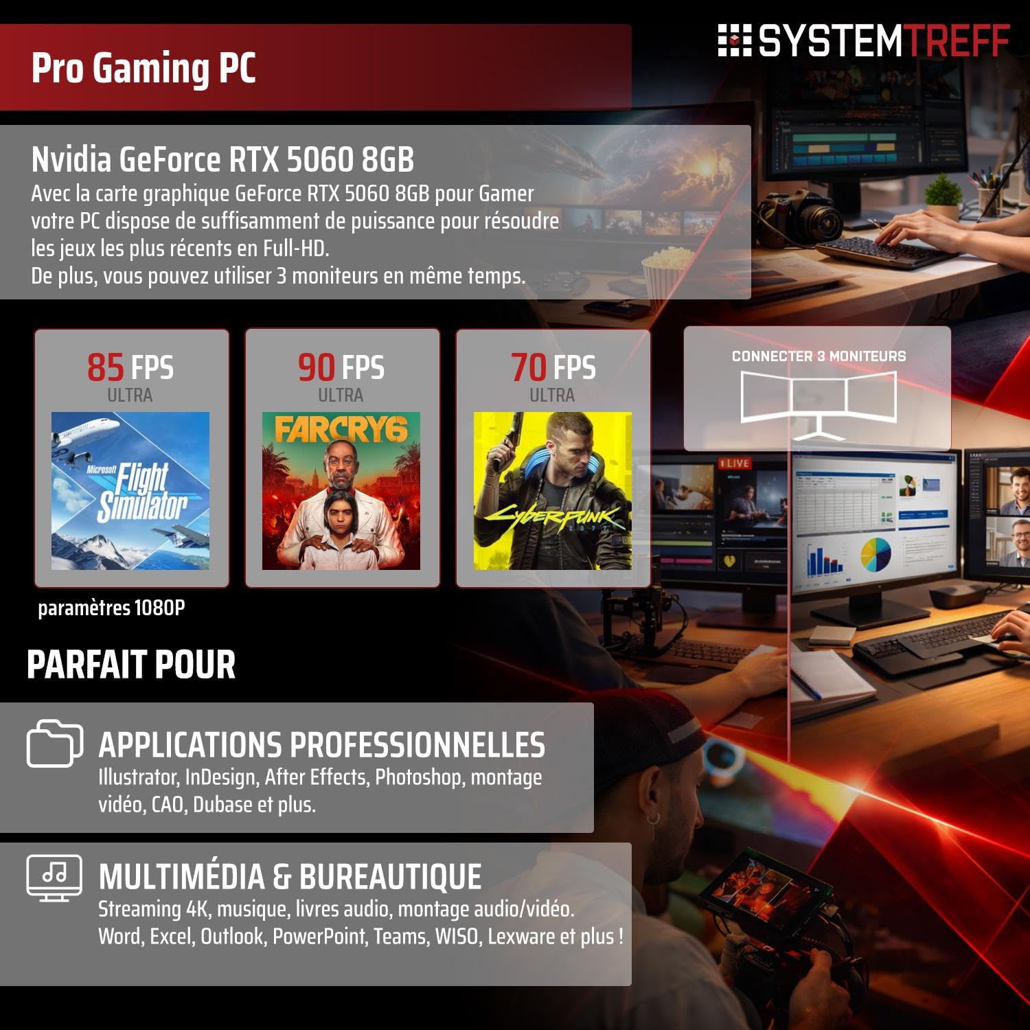 SYSTEMTREFF PC Gamer - AMD Ryzen 5 5500 - RTX 5060 8Go