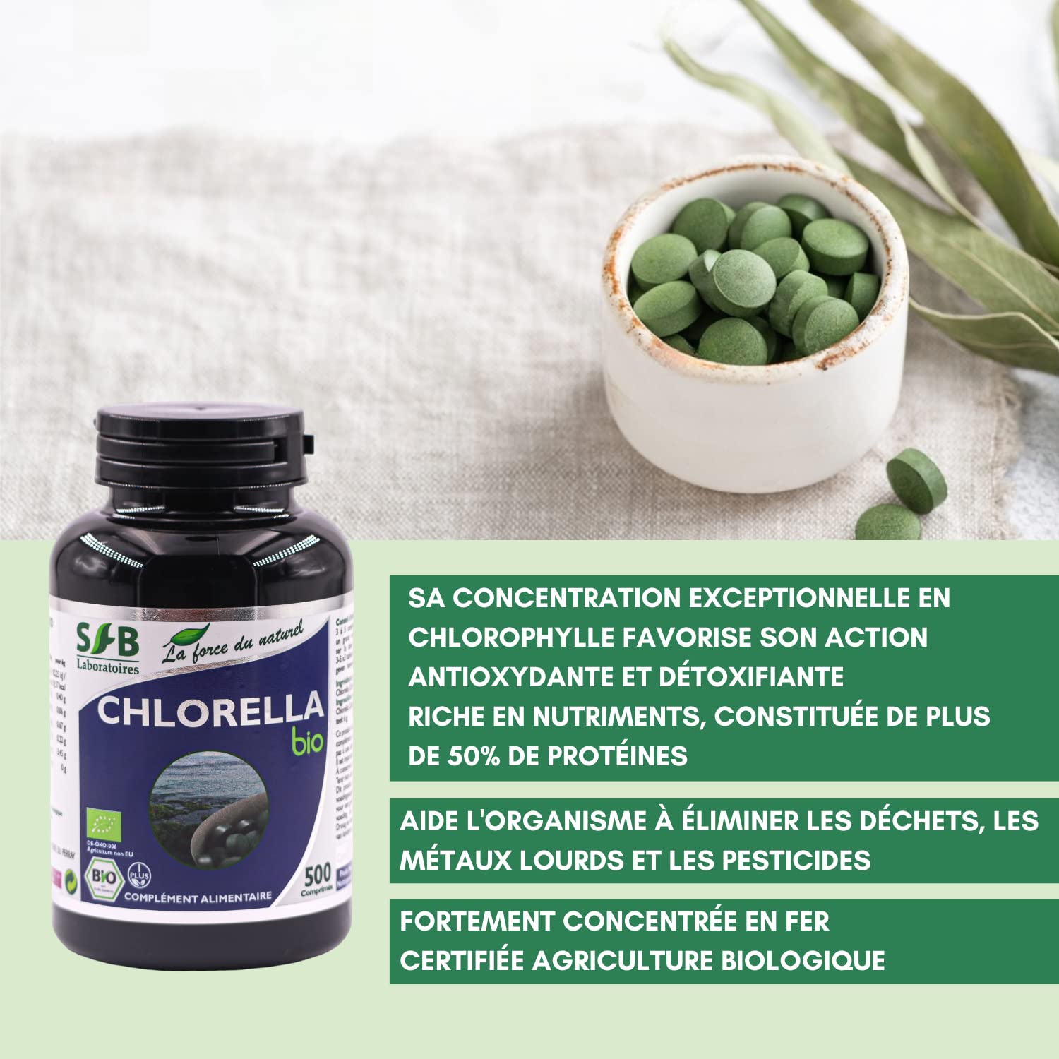 SFB Laboratoires - Chlorella Bio - Renforce le Système Immunitaire - Favorise la Détoxication - Améliore la Digestion - Réduit l'Inflammation - 500 comprimés