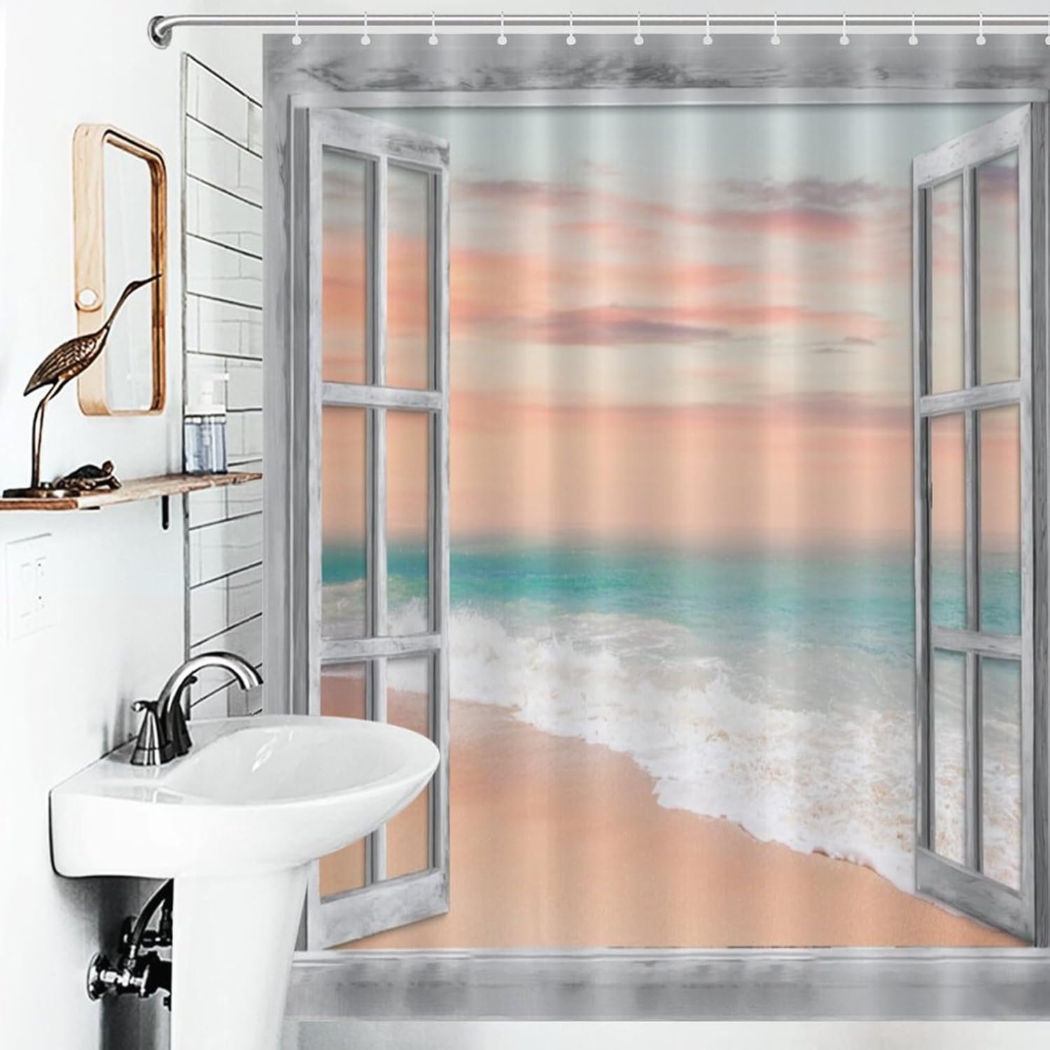 Ocean Beach Window Shower Curtain for Bathroom Decor Hawaiian Sunset Scenery Sea Wave Retro Wood Rustic Nature Art Printed Polyester Waterproof Cloth Bathroom Curtain with 12 Hooks 60x72Inch（152x183cm