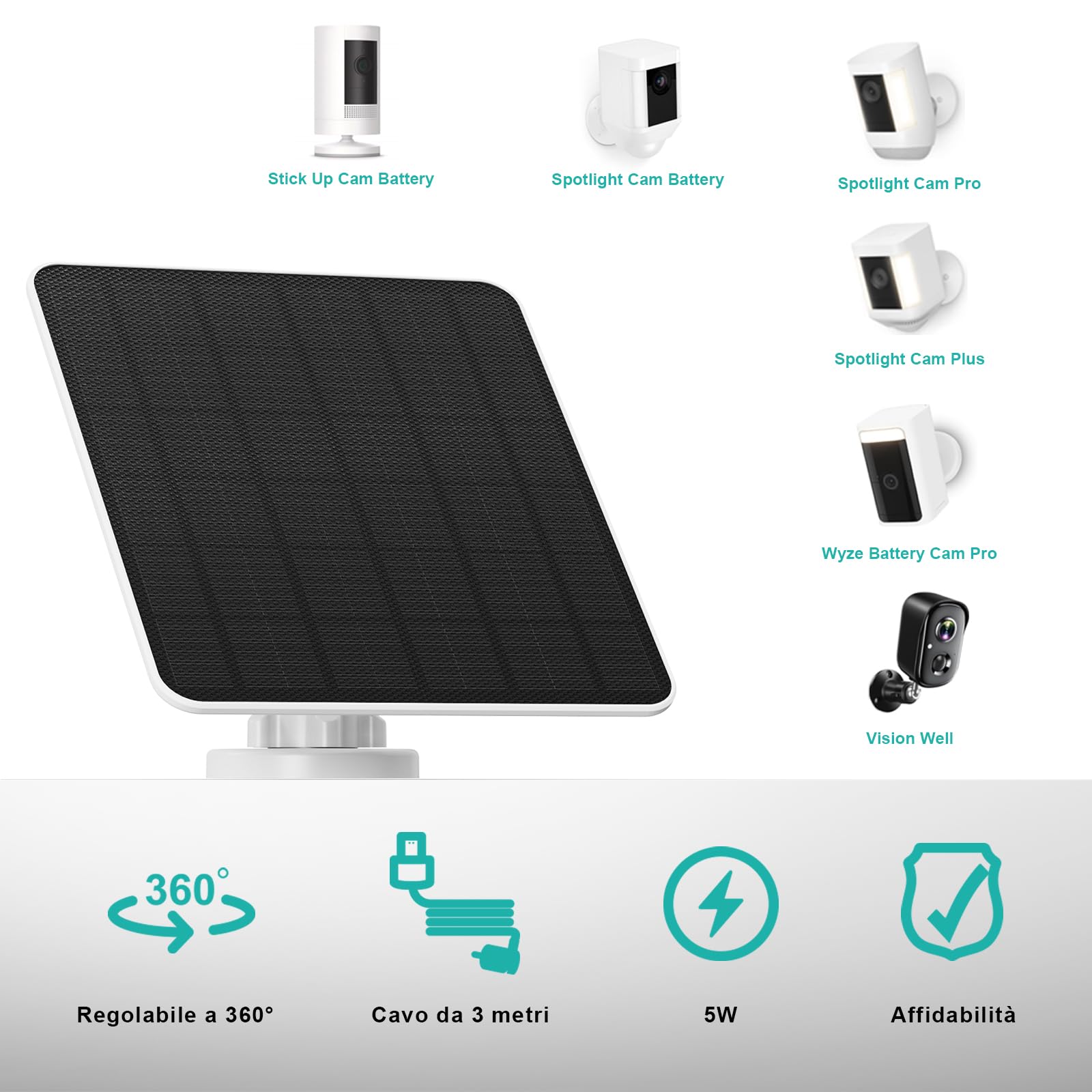 Pannello Solare per Telecamera Ring, Caricatore Solare 5W per Batteria Ring Stick Up Cam/Pro, Spotlight Cam Plus/Pro, Wyze Battery Cam Pro, Include Spina Cilindrica e Adattatore USB-C, Confezione da 3