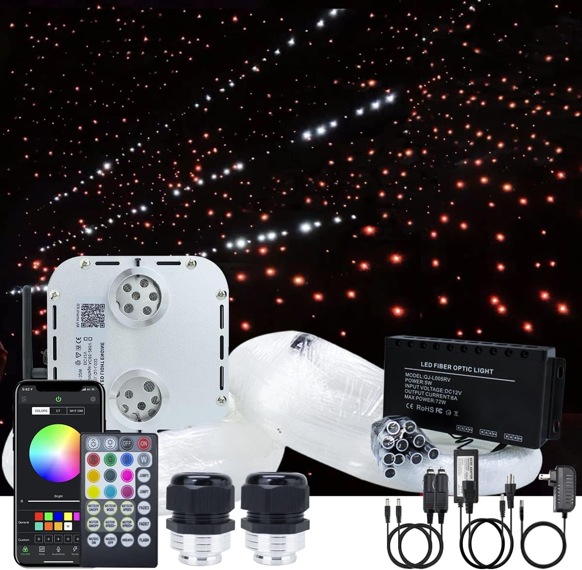 AKEPO 32W APP Twinkle Meteor Dual Head Fiber Optic Lights Kit, Car Home Use Music Activated Star Ceiling Sky Light, Shooting Star+2000pcs 16.4ft/5m 0.03in/0.75mm Optical Fiber Cable+28key remote