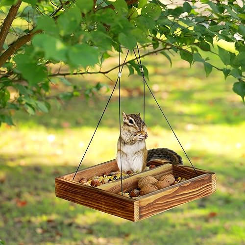 Miniatura 4 de MIXXIDEA Bandeja colgante para comedero de pájaros, bandeja de semillas de madera, bandeja colgante para colibríes, plataforma de semillas de malla