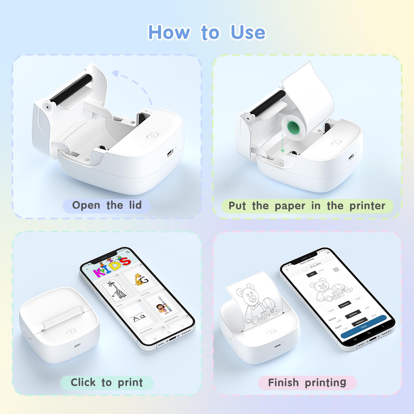 Gloryang Stampante per adesivi, mini stampante termica Bluetooth con 2 rotoli di nastro di carta, etichettatrice tascabile portatile con app intelligente per telefono e tablet, bianca