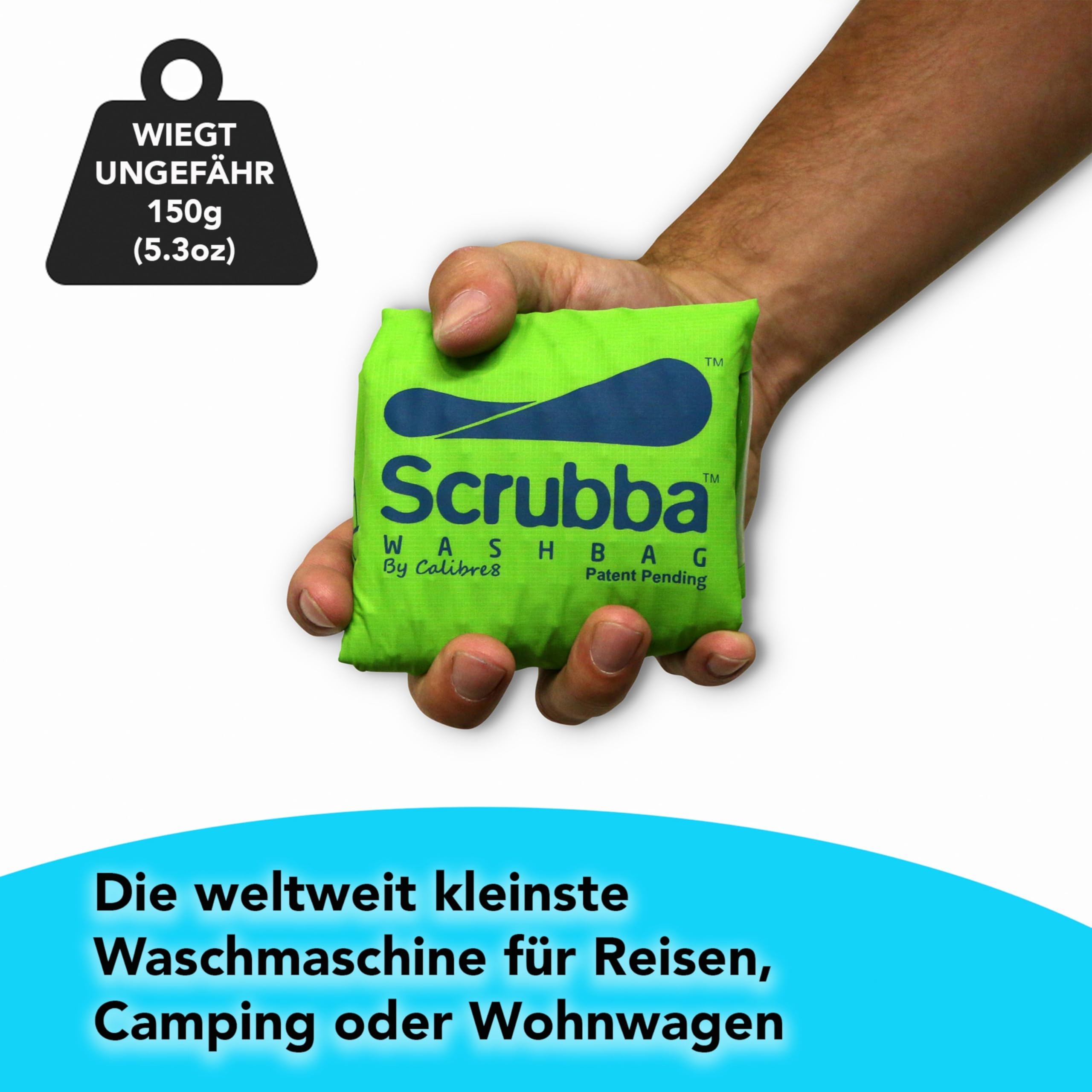 Scrubba Waschbeutel & Trocken-Set – Tragbares Waschsystem mit XL Handtuch, Wäscheleine & Haken – Für Camping, Reisen, Hostels & Hotels – Leicht & kompakt – Mobile Waschmaschine für unterwegs