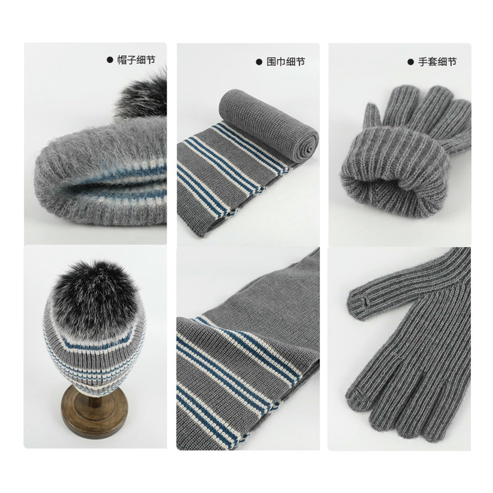 Wintermütze Schal Handschuhe Set Winterwarmes Outdoor-strickschal-Set Mit Gestreiften Ohrenschützern, Bommelmütze, Und Handschuhen-grau