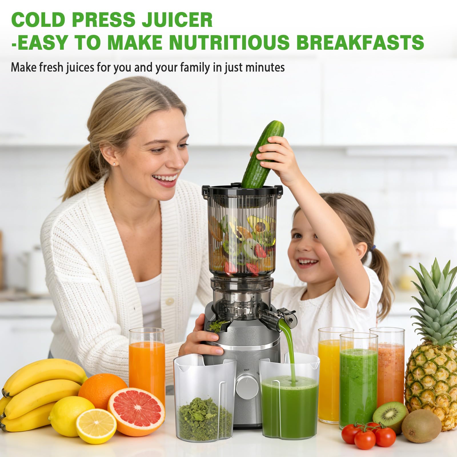 Estrattore Frutta e Verdura, 130MM 250W Centrifuga Frutta e Verdura, 1L Estrattore di Succo a Freddo Juicer Machine Ideale per Famiglia e Colazione, Facile da Pulire, Senza BPA, Nero