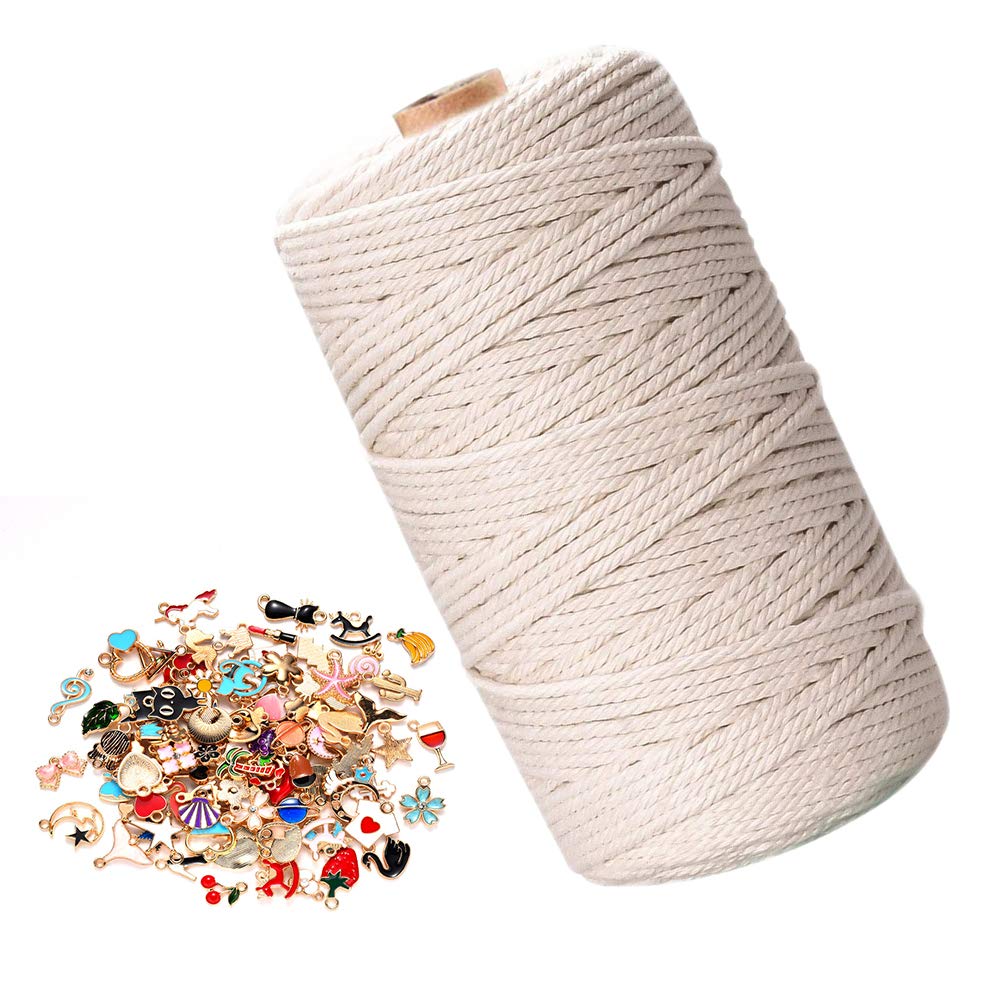 Azatemgo Macrame Cord 200mx3mm | Soft Natural Cotton Rope for Plant Hangers Wall Hangings Crafts | Comes with 10 Small DIY Ornaments