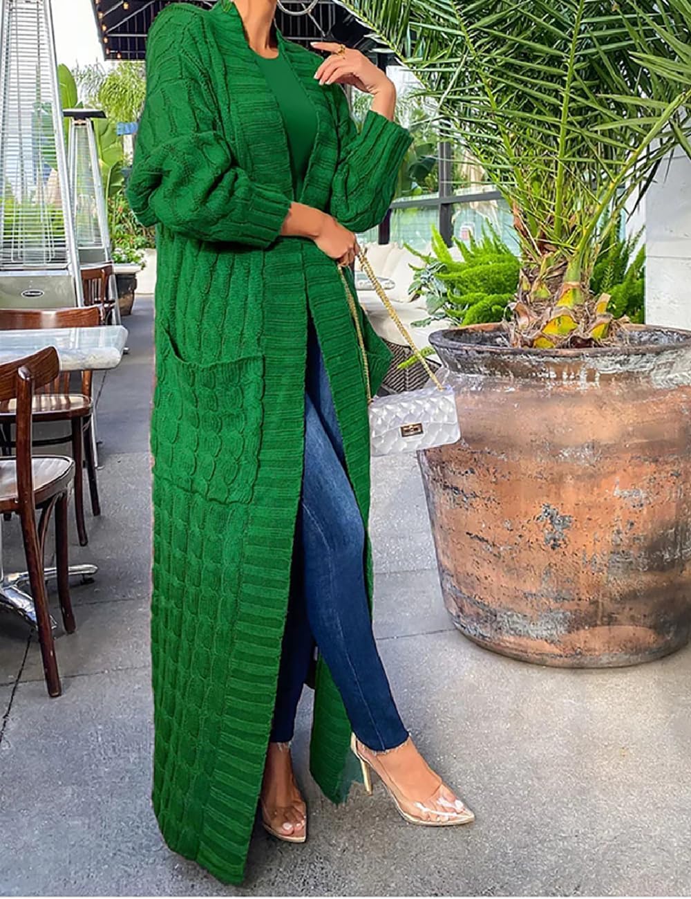 Womens Thin Stylish Cable Knit Dual Extra Long Maxi Cardigan with 2-Pockets - Image 4