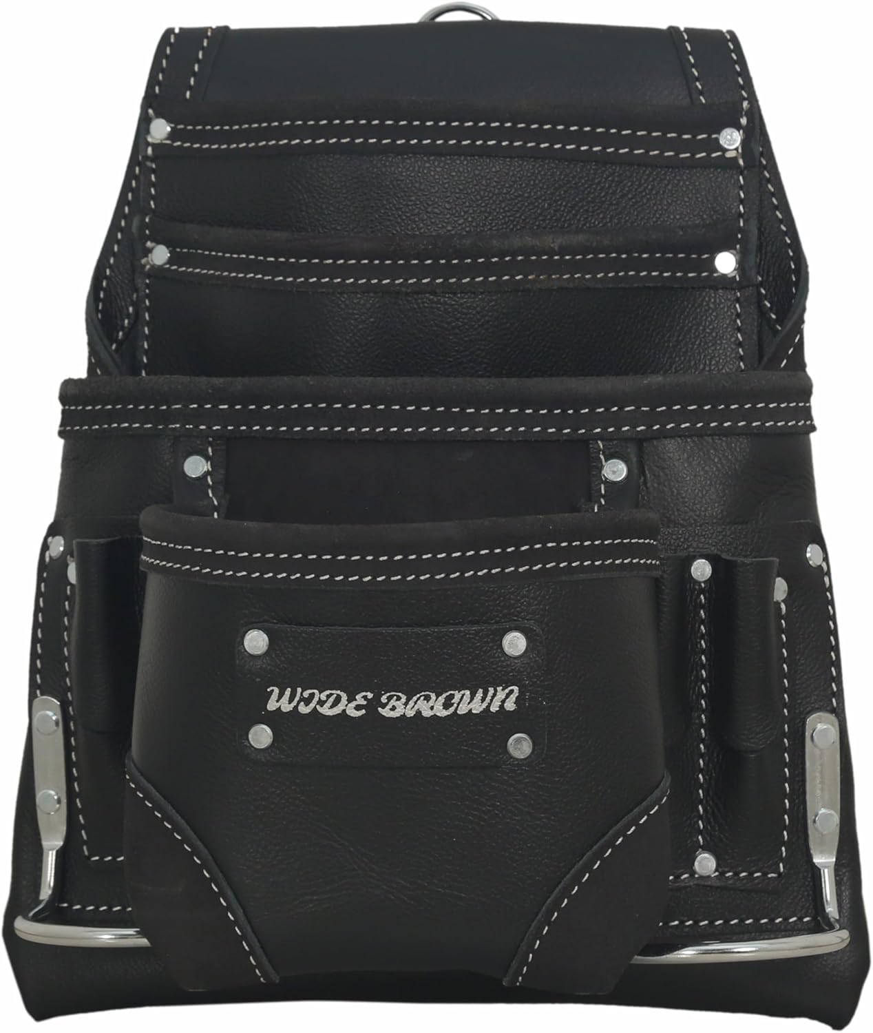 Wide Brown Professional Leather Tool Pouch, Black, 10 Pocket Design for Construction, Electrical, Plumbing Work