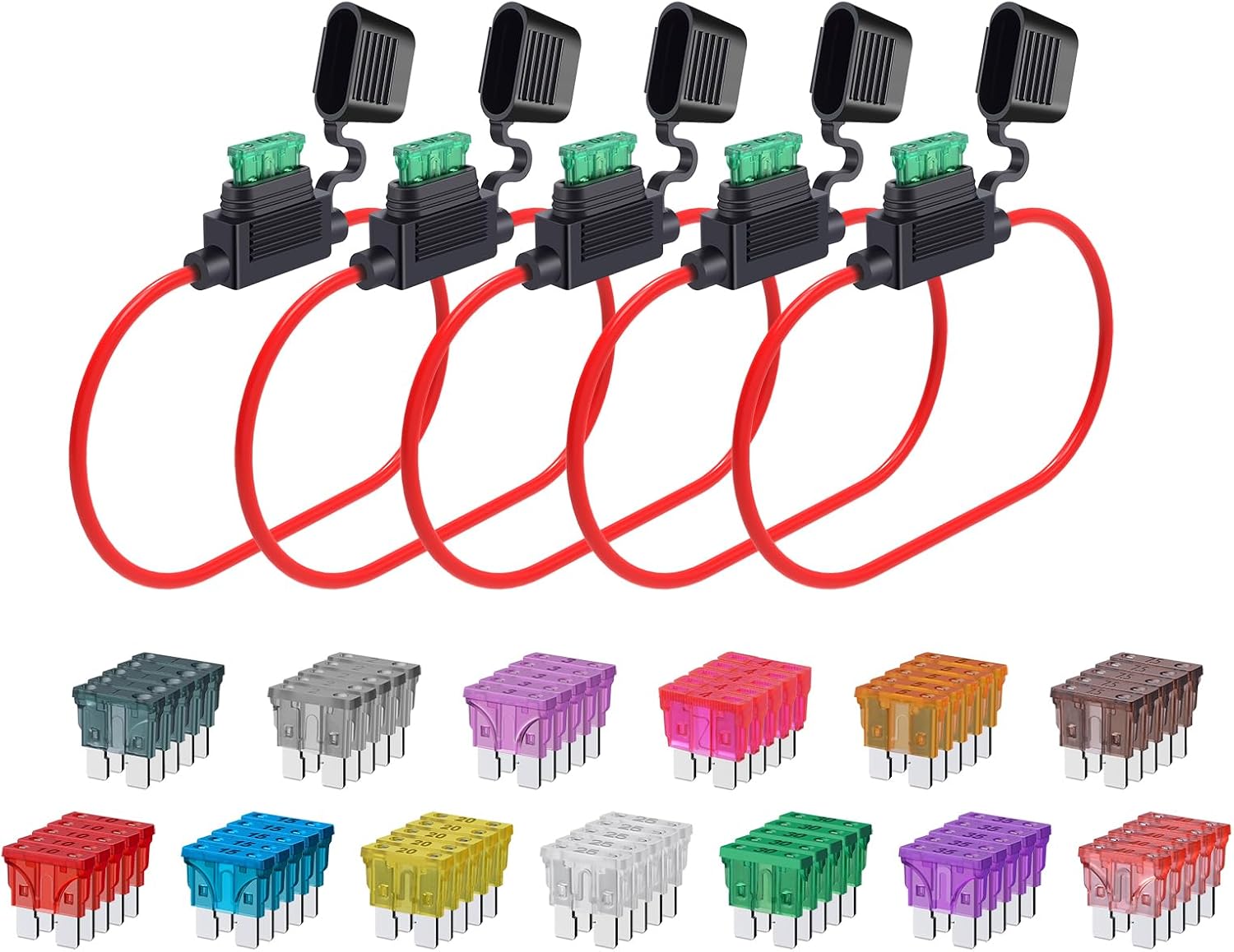 12 Gauge Fuse Holder ATC/ATO, SIM&NAT 5 Packs in-Line Automotive Blade Fuse Holder with 65PCS Standard Car Fuses, 1A 2A 3A 4A 5A 7.5A 10A 15A 20A 25A 30A 35A 40A Automotive Replacement Fuses