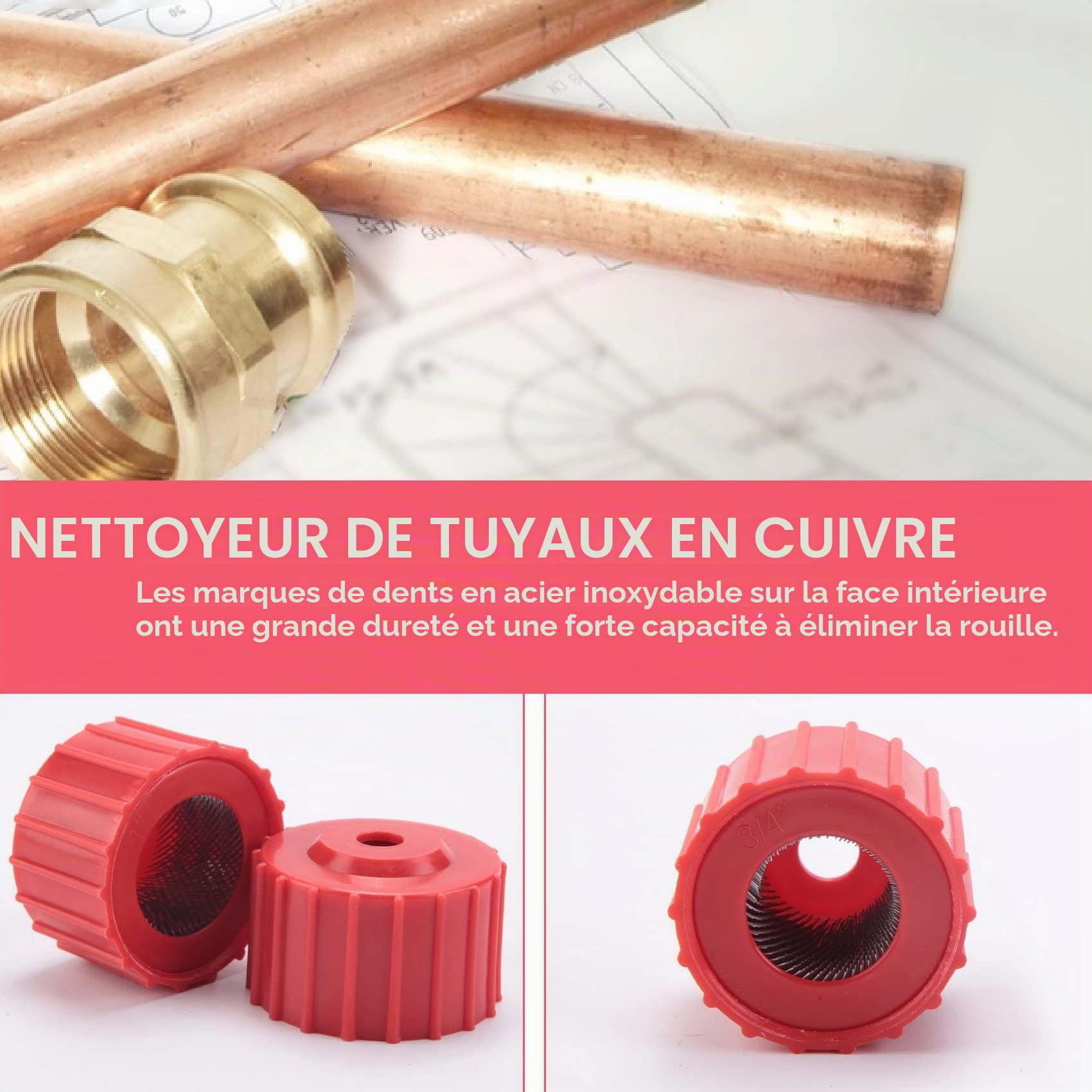 Lot de 6 brosses de nettoyage pour tuyaux en cuivre, taille pratique, pour plombier et nettoyer les tuyaux en cuivre, 3 tailles
