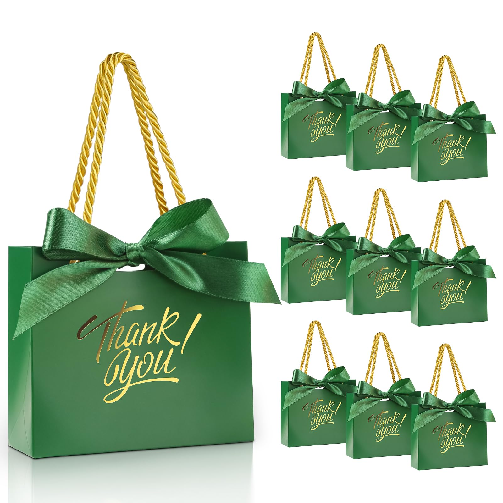 EQOREIIN 30 Pack Small Thank You Gift Bags with Handles 5.5 x 2.4 x 4.7 Inches Mini Green Gift Bags with Bow Ribbon Tiny Party Favor Bag Bulk for Easter Mother's Day Baby Shower Wedding (Green) — image 1