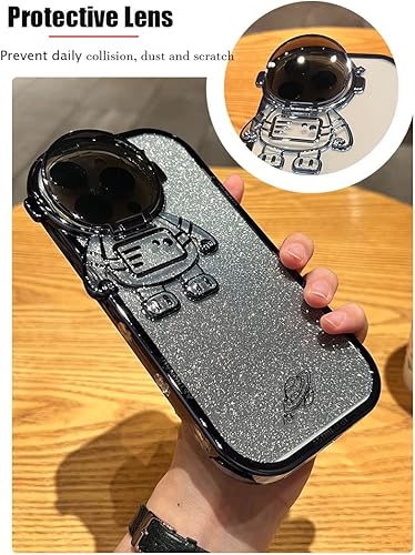Miniatura 10 de Funda de teléfono con soporte oculto de astronauta para iPhone 14, bonito protector de cámara de lente de astronauta 3D, con purpurina de lujo,