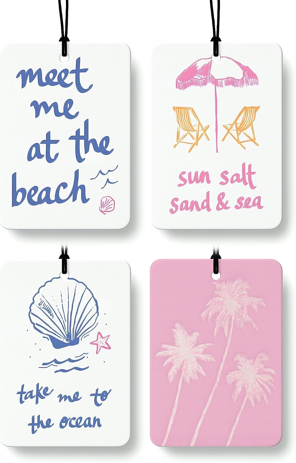Blue Beach Car Air Freshener 4 PCs, Preppy Girly Beach Shells Starfish Palm Trees Hanging Air Freshener for Cars Closet Drawer Books, Cute Beachy Car Accessories Mirror Decor for Women