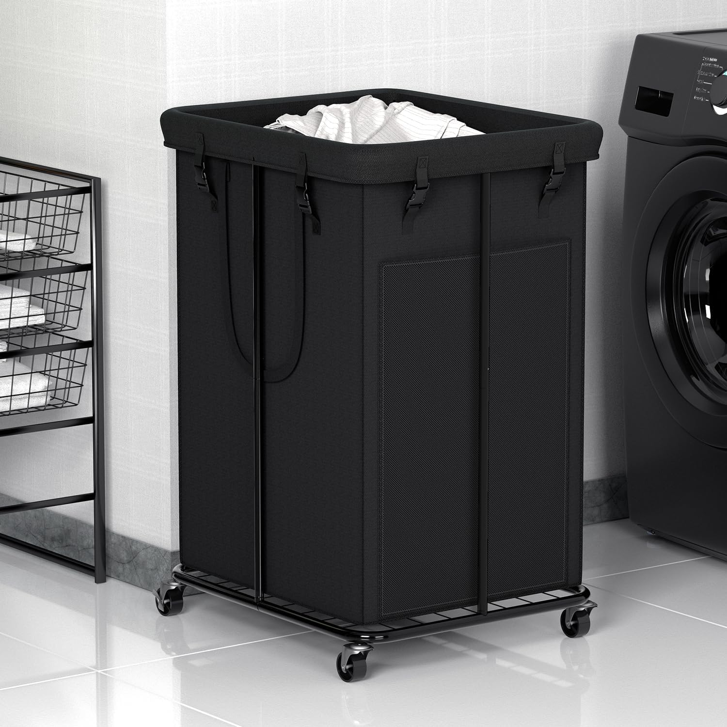 100L Large Laundry Hampers with Lid, Oxford Fabric Laundry Hampers Clothes Hampers, Metal Frame and Removable Bag Design with Wheels, Suitable for Bedroom, Bathroom (100L Black&Lid, 100L)