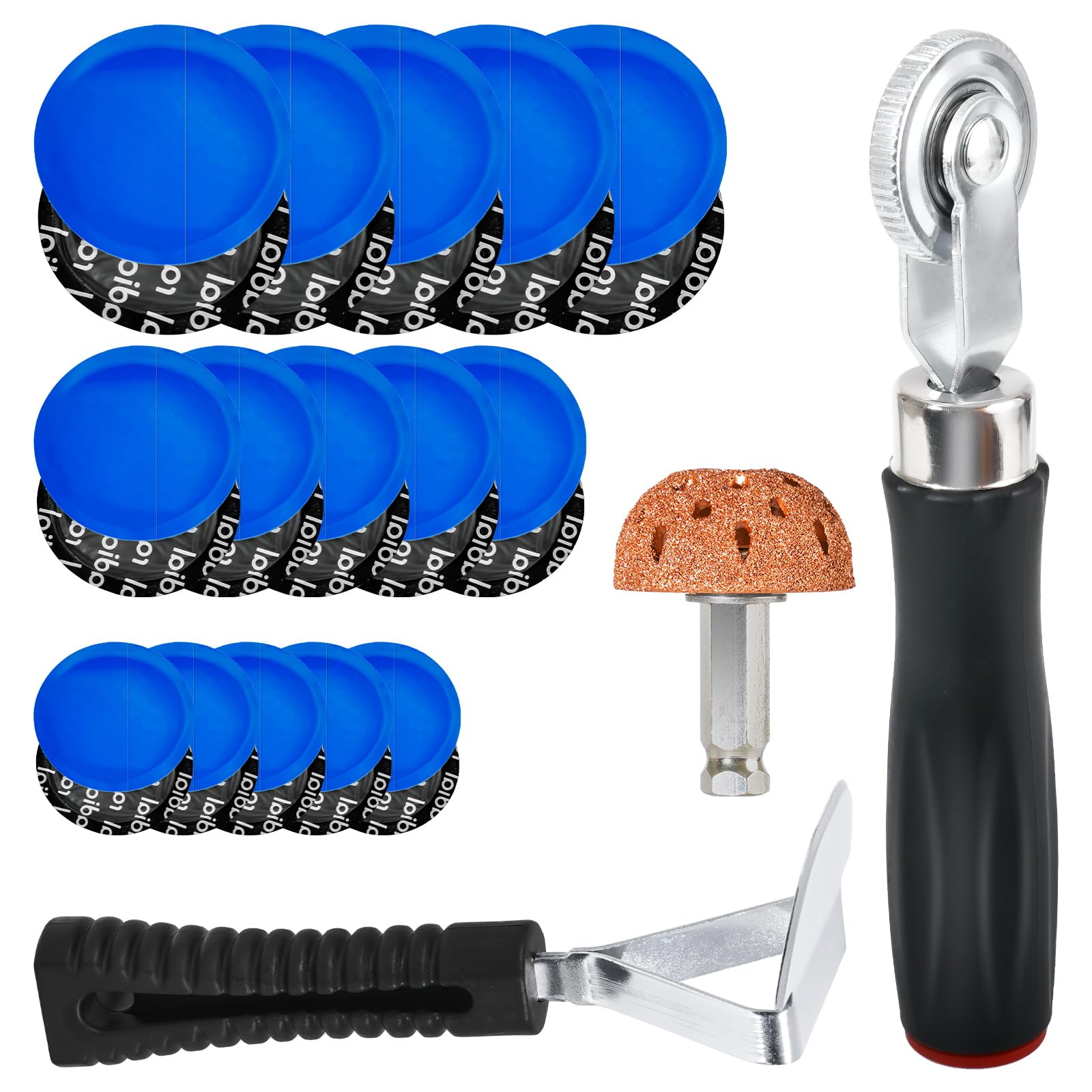 Kit di 33 toppe per riparazione pneumatici, 30 toppe per pneumatici (32 mm/42 mm/58 mm, con rullo per la riparazione dei pneumatici, ruota di lucidatura per pneumatici, raschietto interno per