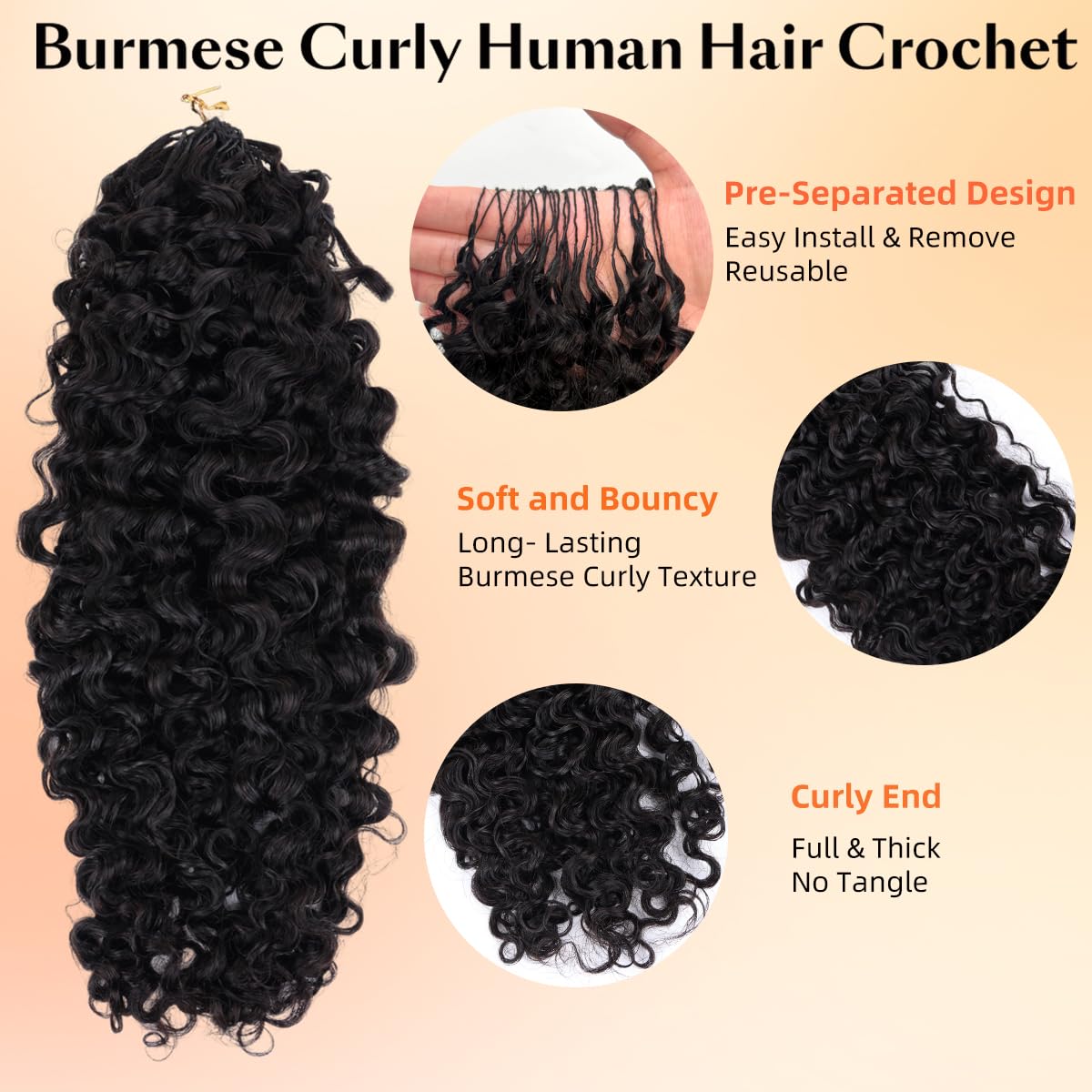 MsSunlight Burmese Curly Human Crochet Hair 18inch 120g Pre-Separated Feather Crochet Human Hair 90 Strands Lightweight Reusable Human Hair Crochet Bundles for Black Women