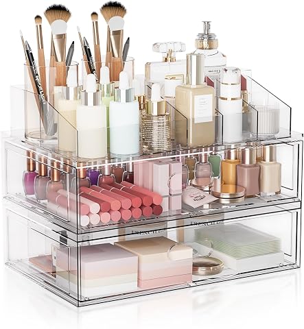 Clear Stackable Makeup Organizer with Drawer, 12''W Acryl...