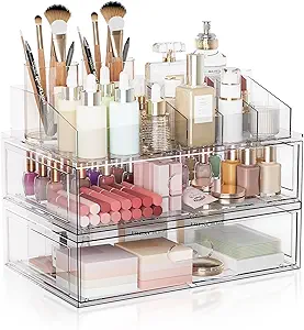 Clear Stackable Makeup Organizer with Drawer, 12''W Acrylic Storage Drawers, Cosmetic Display Case for Vanity Bathroom Countertop, Beauty Holder for Lipstick Brush Skincare Perfume