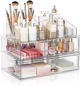 Clear Stackable Makeup Organizer with Drawer, 12-inch Acrylic Storage Case for Vanity and Bathroom Countertop