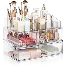 Clear Stackable Makeup Organizer with Drawer, 12''W Acrylic Storage Drawers, Cosmetic Display Case for Vanity Bathroom Countertop, Beauty Holder for Lipstick Brush Skincare Perfume