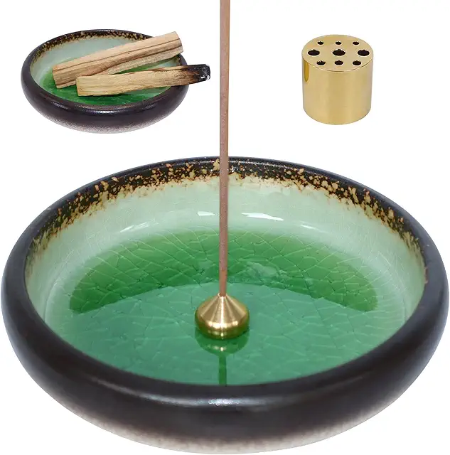 Brûleur d'encens japonais 3 en 1 en céramique avec support en laiton - Vert
