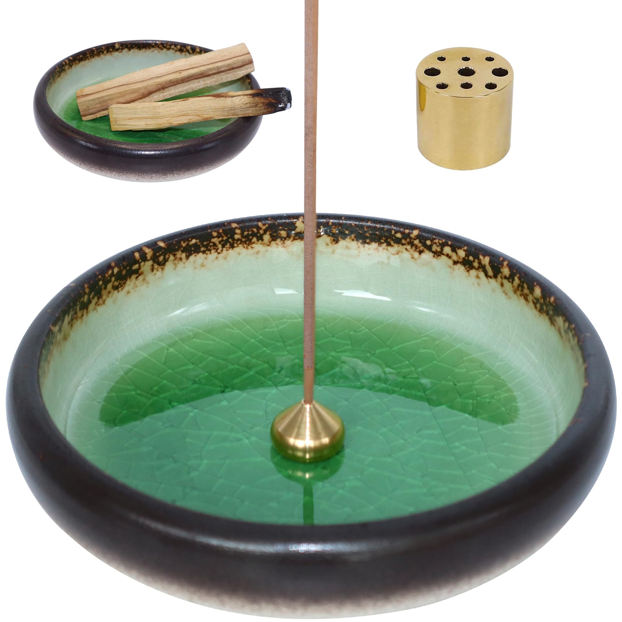 BEYLAB Japanese Ice cracks incense holder ceramics, 3 in 1 Incense burner for Palo Santo Sage, Sticks Coil Cones, smudge bowl