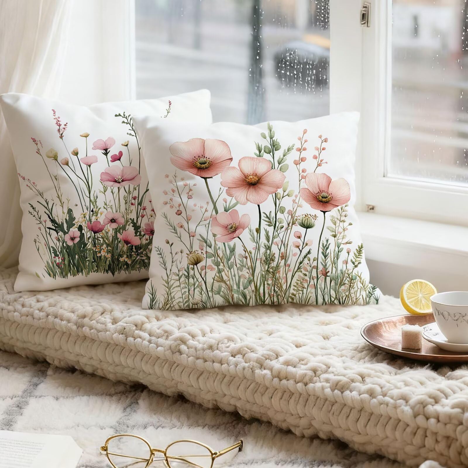 Rose Housse Coussin 60x60 Fleur Taie Oreiller 60x60 Lot de 4 Super Doux Protege Oreiller 60 x 60 Decoration Automne Taie D'oreiller Carrées Coussin Canape, pour Maison Chambre Canapé Chaise E - 602