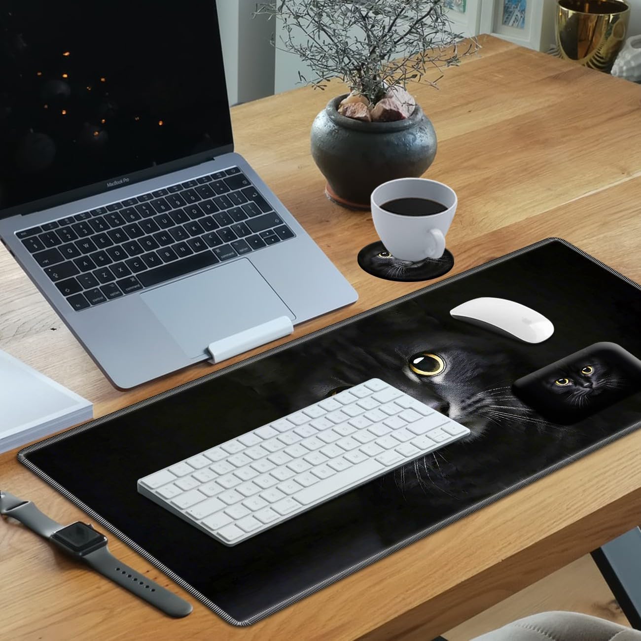 Large Gaming Mouse Pad 27.5 x 11.8 inch & Small Wrist Rests with Coasters and Black Cat Pattern Printed Design Ergonomic Mouse Pad with Wrist Rest Memory Foam for Easy Typing Pain Relief