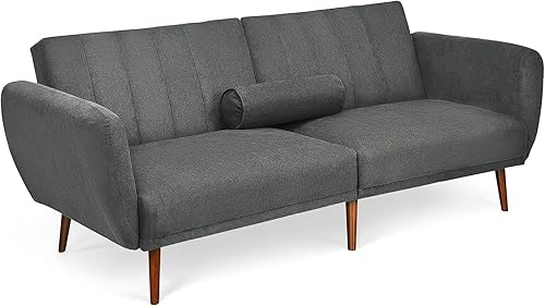KOMFOTT Sofá cama futón convertible, sofá biplaza de tela de lino moderno con respaldo dividido y ajustable, 6 patas de madera maciza, esponja de