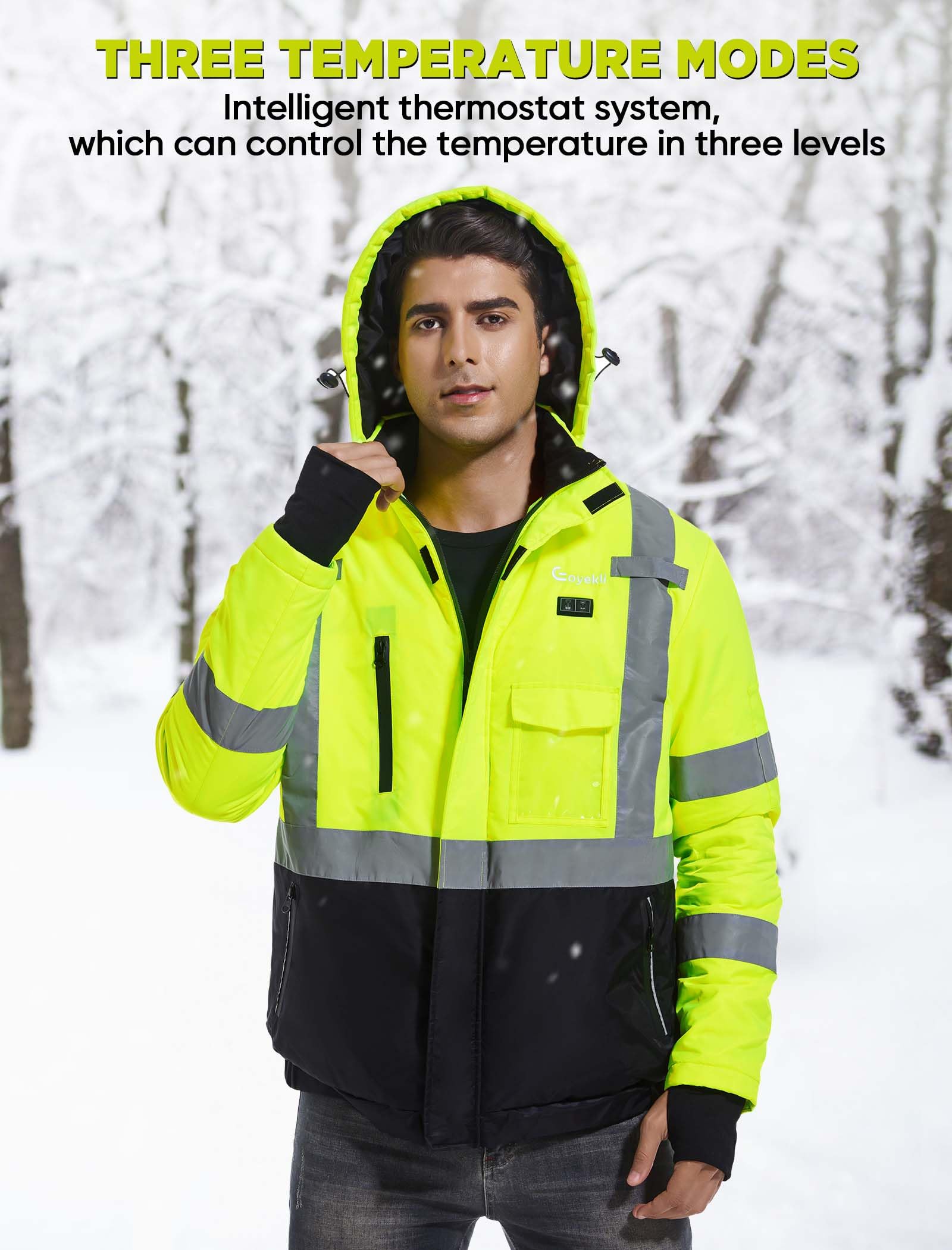 Eoyekli Safety Heated Jacket with Battery Pack - 20000mAh, Class 3 Hi-Vis Waterproof Work Hoodie, 3M Reflective Tape,High Visibility Work Construction Coats for Cold Weather