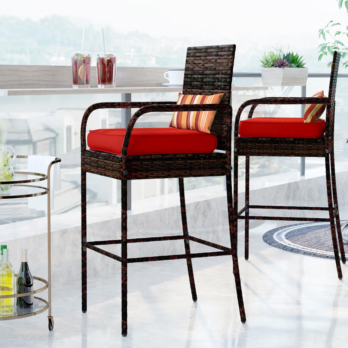 Sundale Outdoor Wicker Bar Stool Set of 2, Patio Counter Height Pub Chair with Arms, High Top Rattan Barstool, Cushion Red, All-Weather Outdoor Rattan Furniture - Steel, Brown