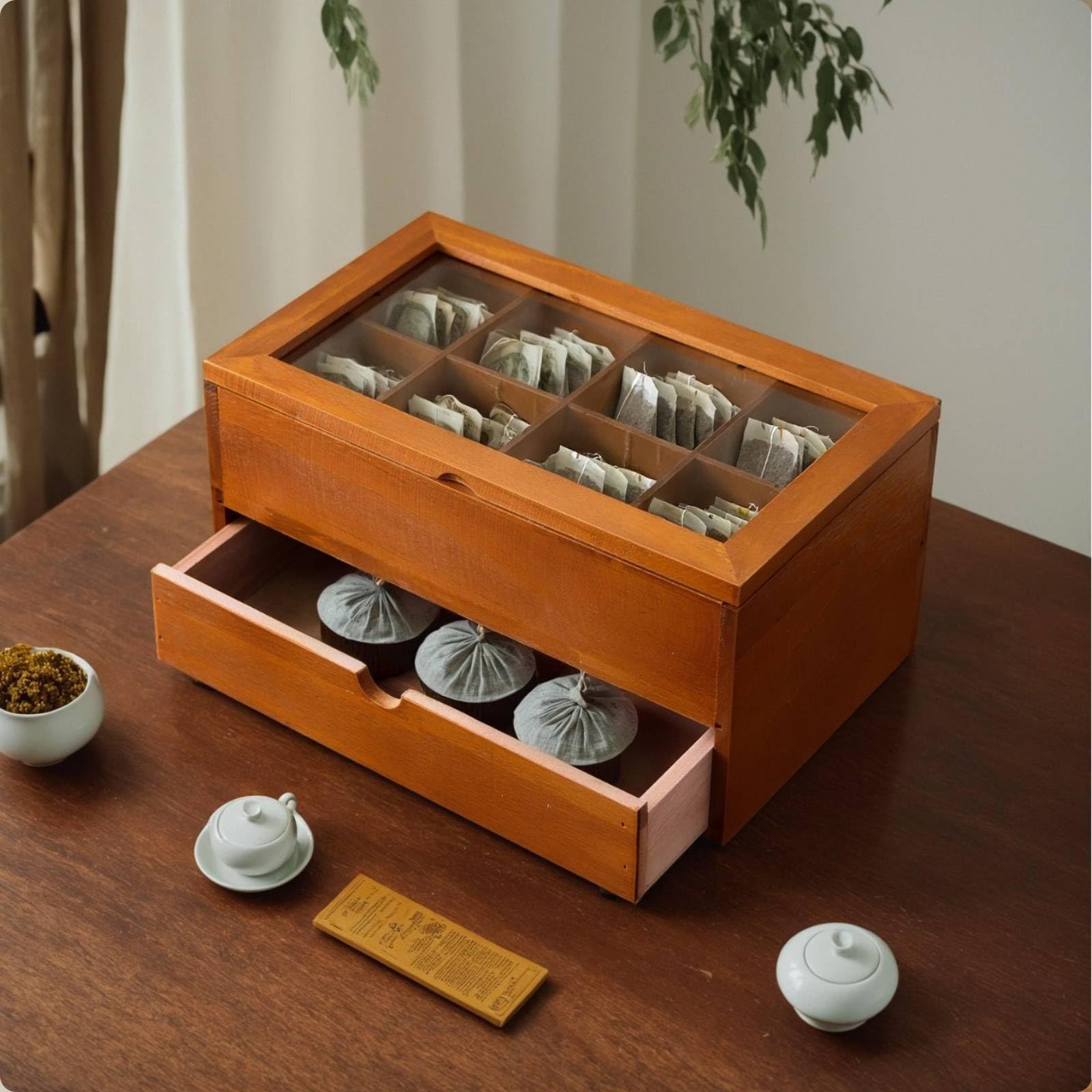 Boîte de Rangement pour Thé Organisateur Boîte Coffret Tiroir Présentoir en Bois Massif avec Couvercle Transparent et Compartiments Séparés Adaptée au, Noir