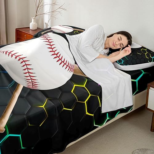 Miniatura 4 de Erosebridal Juego de sábanas deportivas para niños, ropa de cama completa de béisbol, sábanas hexagonales geométricas para niñas, niños,