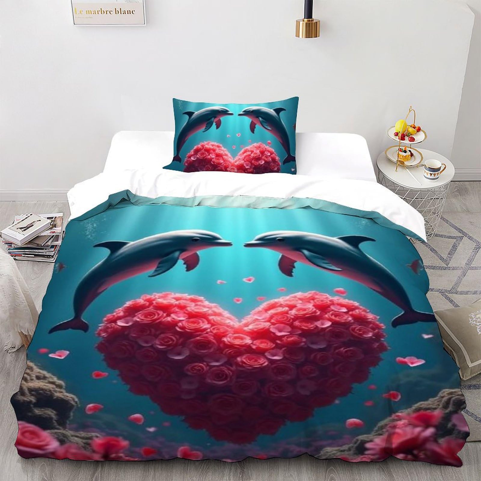 Housse de couette 135x200cm animaux marins et taies d'oreiller imprimé 3D pour lit single