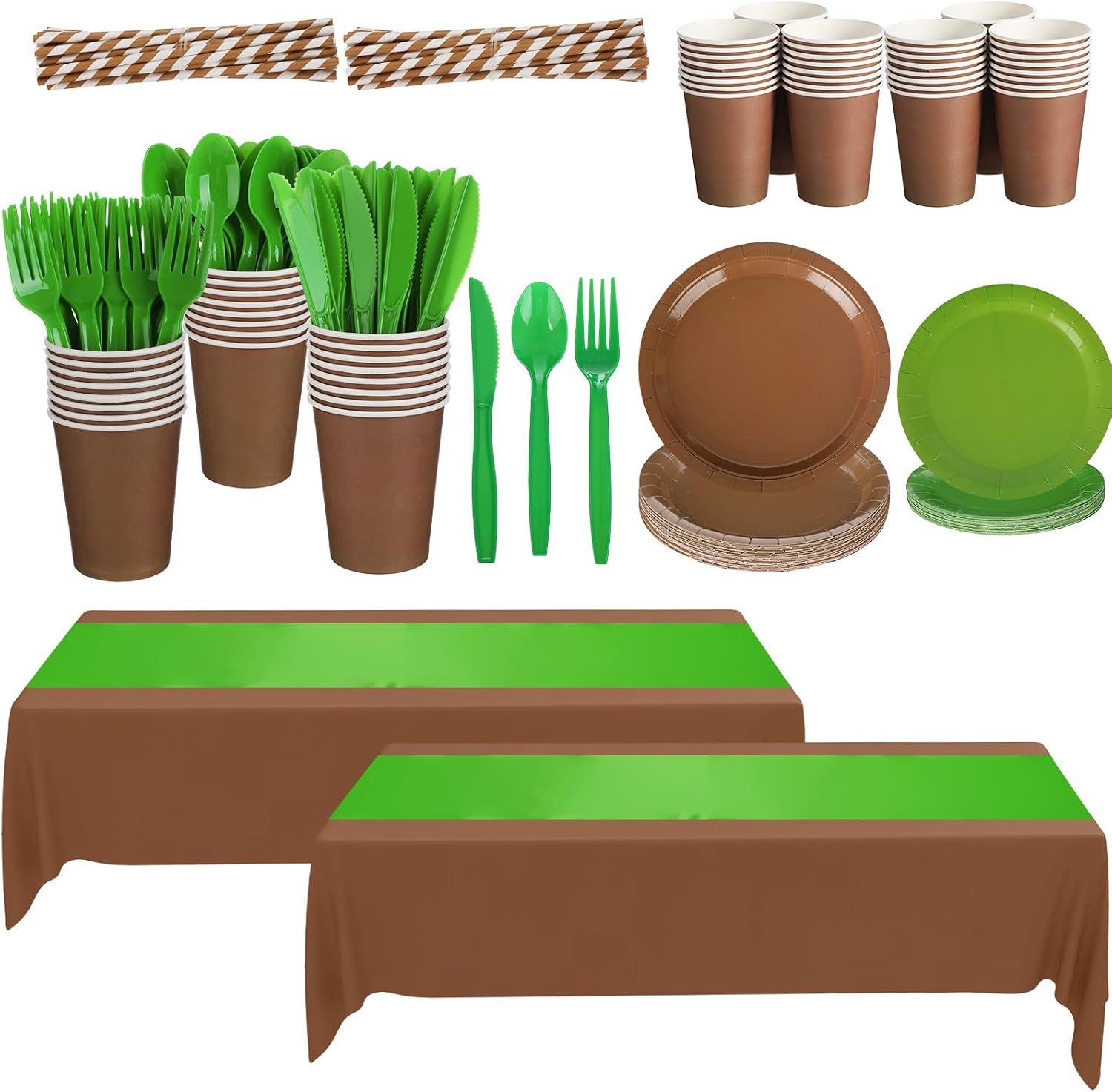 LemonRoad 172 Pcs Sage Green Brown Birthday Party Supplies Woodland Themed Disposable Tableware Set for 24 Guests-plates Cups Straws Knife Fork Spoon Table Runner Tablecloth for Birthday Forest Party