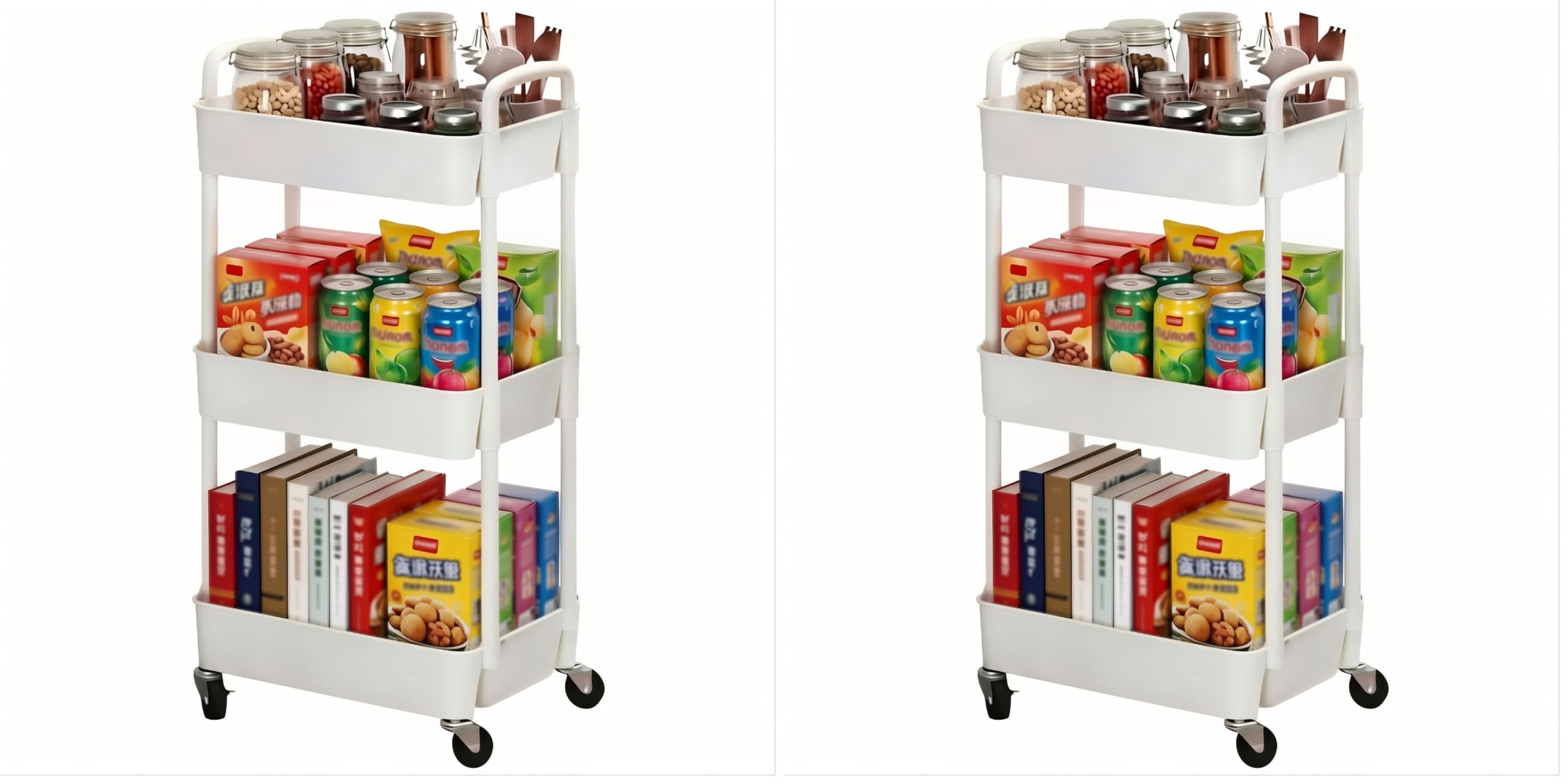 Sywhitta 3-Tier Plastic Rolling Utility Cart with Handle, Multi-Functional Storage Trolley for Office, Living Room, Kitchen, Movable Storage Organizer with Wheels, White (Pack of 2)