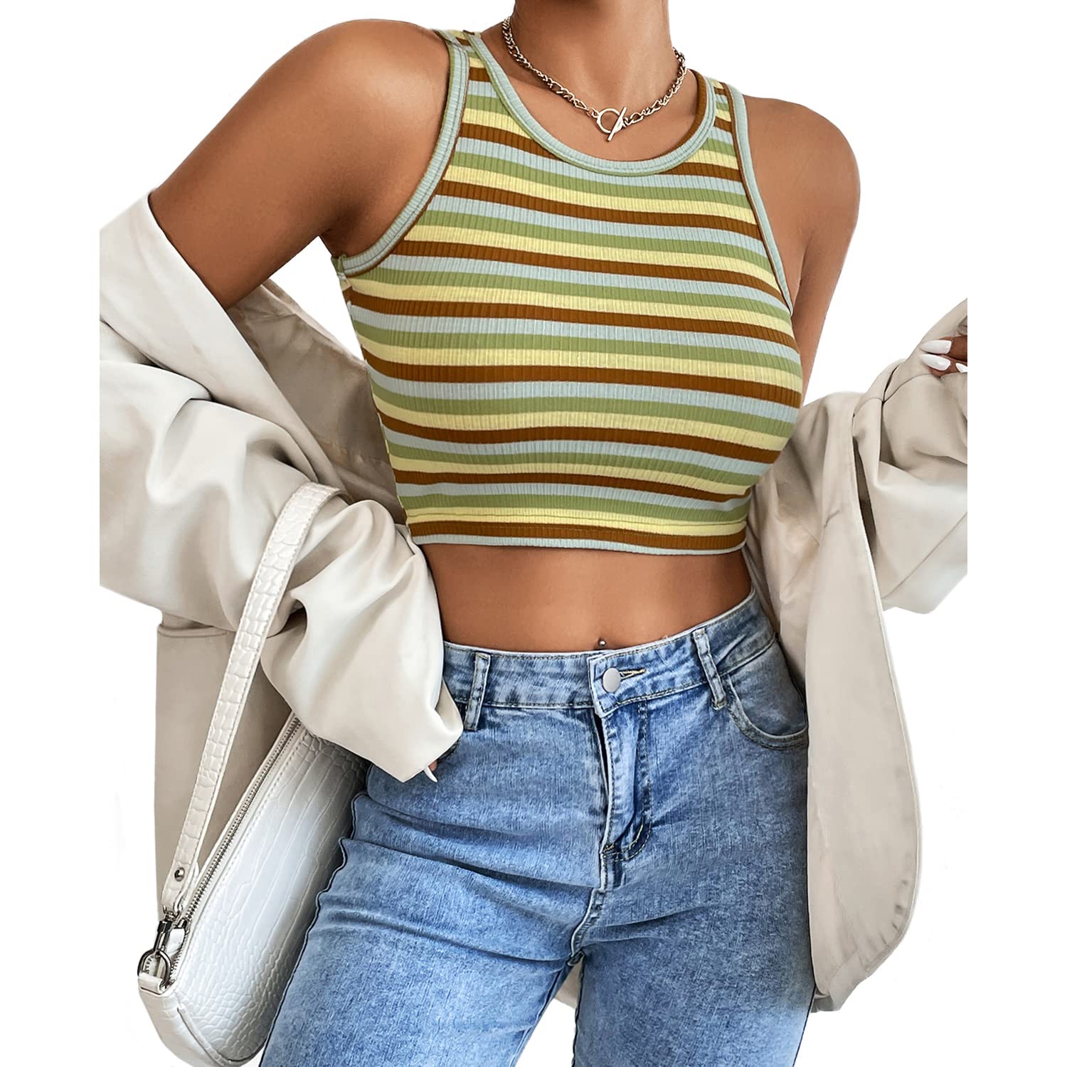 BROVAVEWomen Casual Basic Sleeveless Crew Neck Color Block Rib-Knit Crop Tank Tops