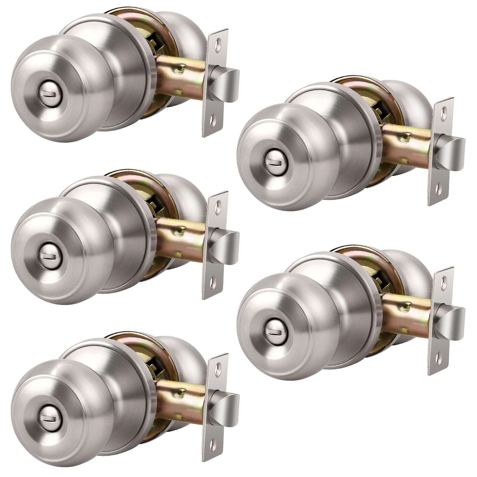 KNOBWELL 5 Pack Privacy Door Knob with Lock in Brushed Nickel Finish for Bedroom and Bathroom, Indoor Security Door Handle with Privacy Lock, Satin
