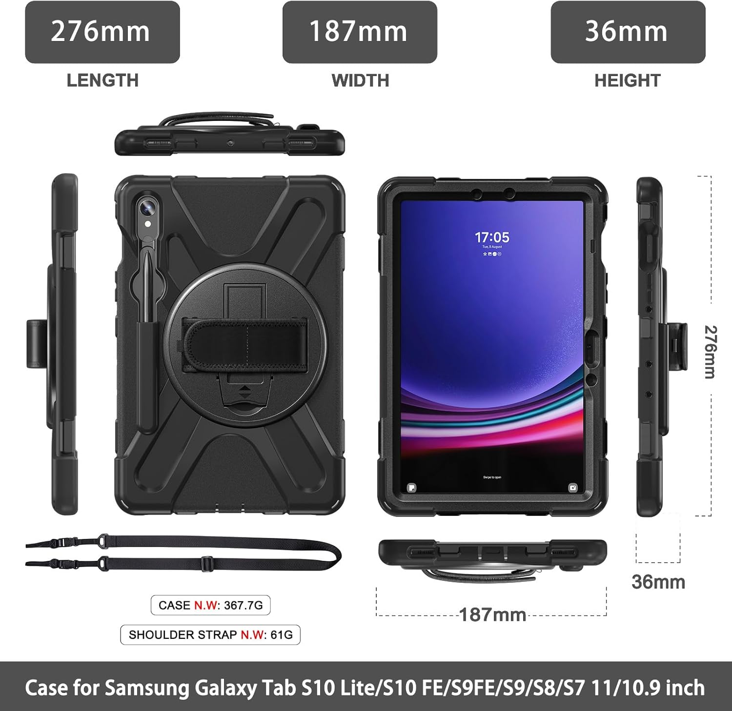 Rantice Case for Samsung Galaxy Tab S10 Lite/ S10 FE/ S9 FE/ S9/ S8/ S7, Heavy Duty Shockproof Protective Case with Screen Protector & 360 Rotating Stand & Hand Strap & Shoulder Strap (Black)