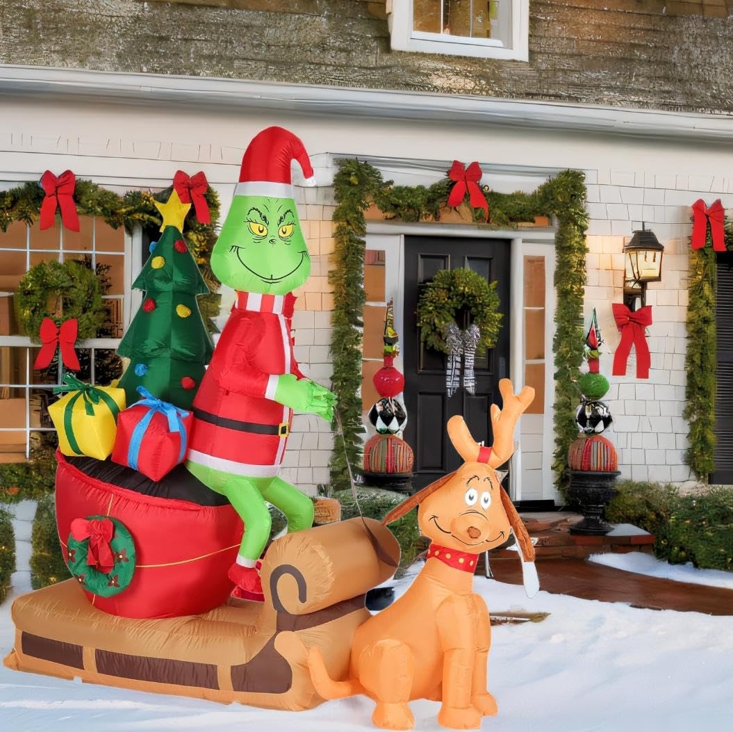 6.5ft Grinch Inflatable Christmas Decorations - Grinch Dog Max on a Sleigh Decorations - Built-in 8 LED Lights High Brightness Christmas Outdoor Decorations