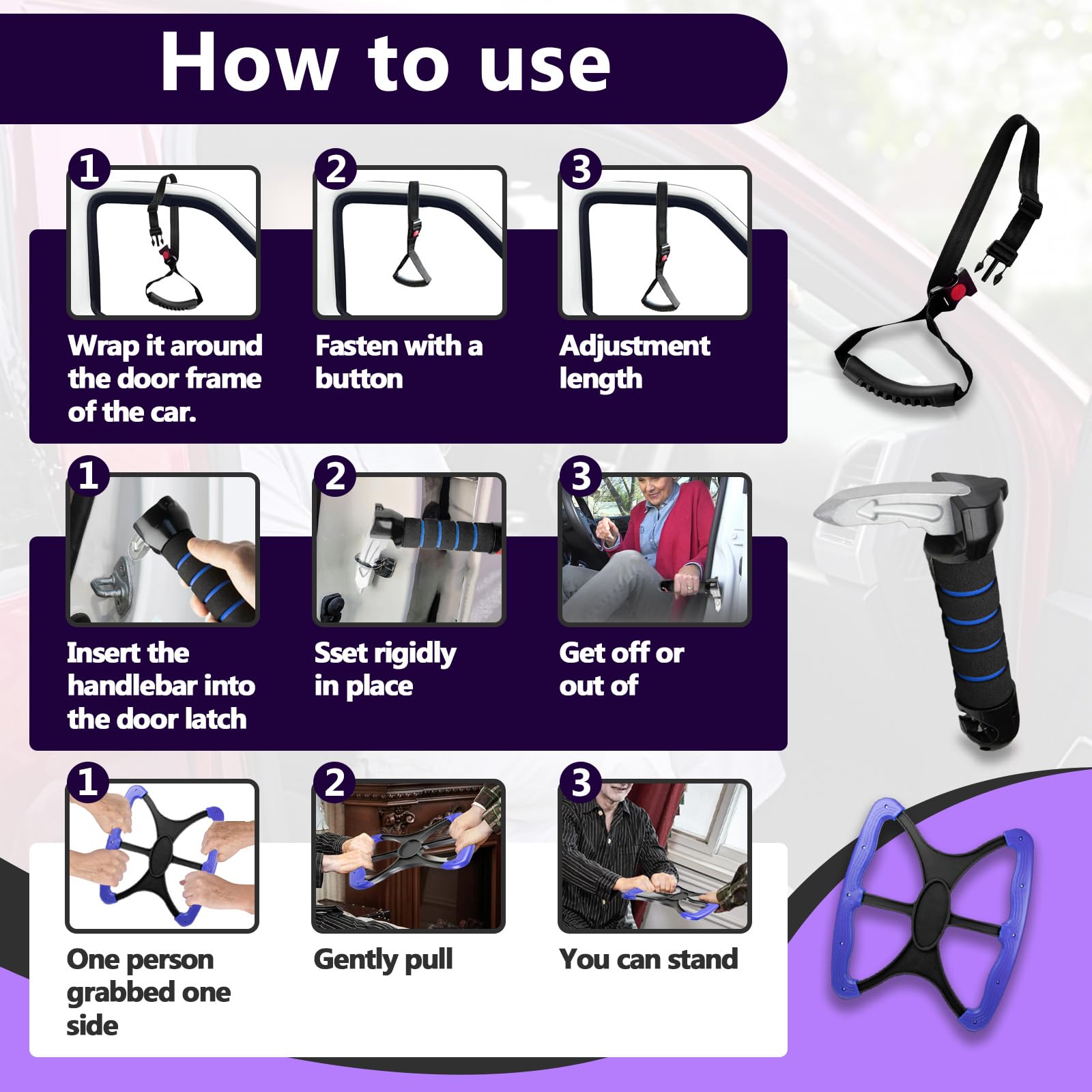 4-in-1 Mobility Independence Set, Incl Car Door Handle For Elderly, Portable Standing Aid, Adjustable Car Door Handle with Lift Assist Hook, Car Door Assist Handle for Elderly, Disabled and Pregnant — Amazon image 5