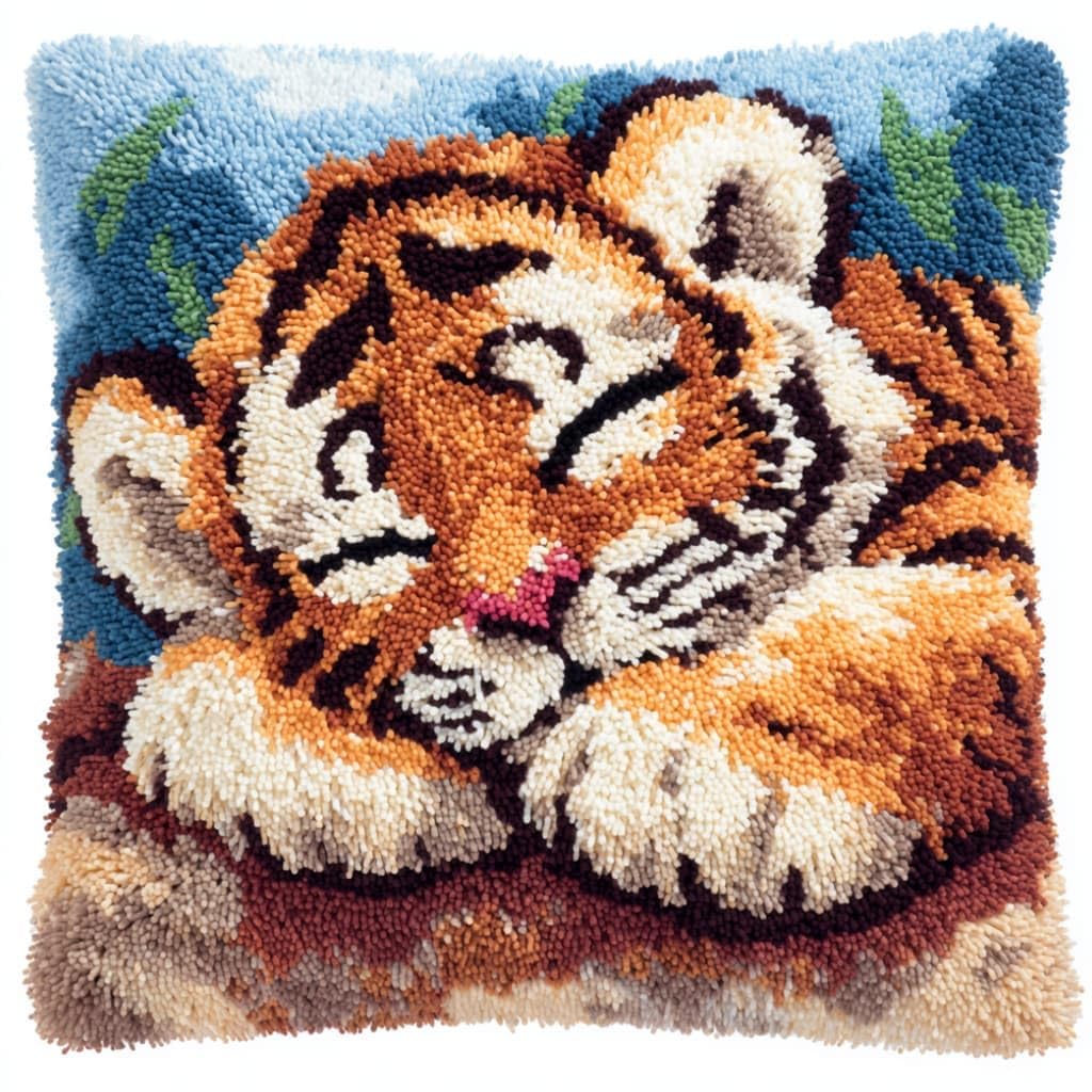 WallustrioaW Latch Hook Pillow Case Kits,Tiger 17X17 Inch Latch Hook Cushion Cover Kit,Knitting Kits Cushion for Adults Rug Making Kit for Starters