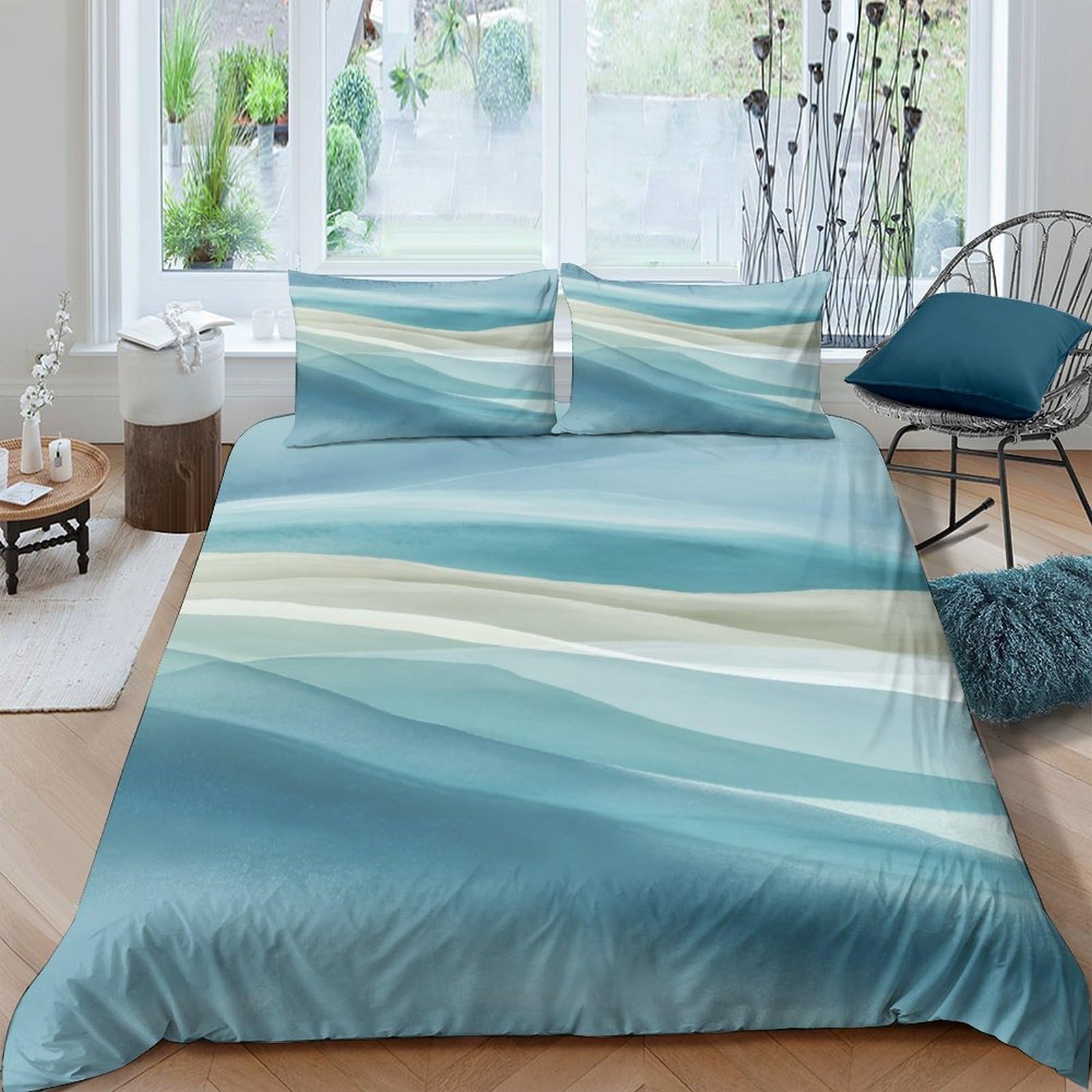 Ctjqhvkz Style-9 3D Printed Ocean Wave Fitted Sheet Microfiber Soft Blue Gradient Bed Cover For Bedroom Guest Room Mattress Decor Single（135X200cm）