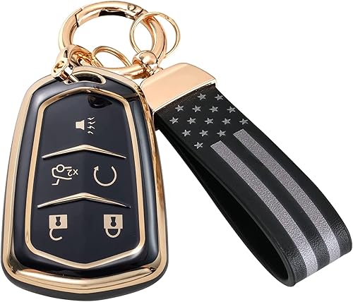 WSAuto Funda para llavero Cadillac con bandera estadounidense, llavero de cuero de metal compatible con Escalade CTS SRX XT5 ATS STS CT6 accesorios