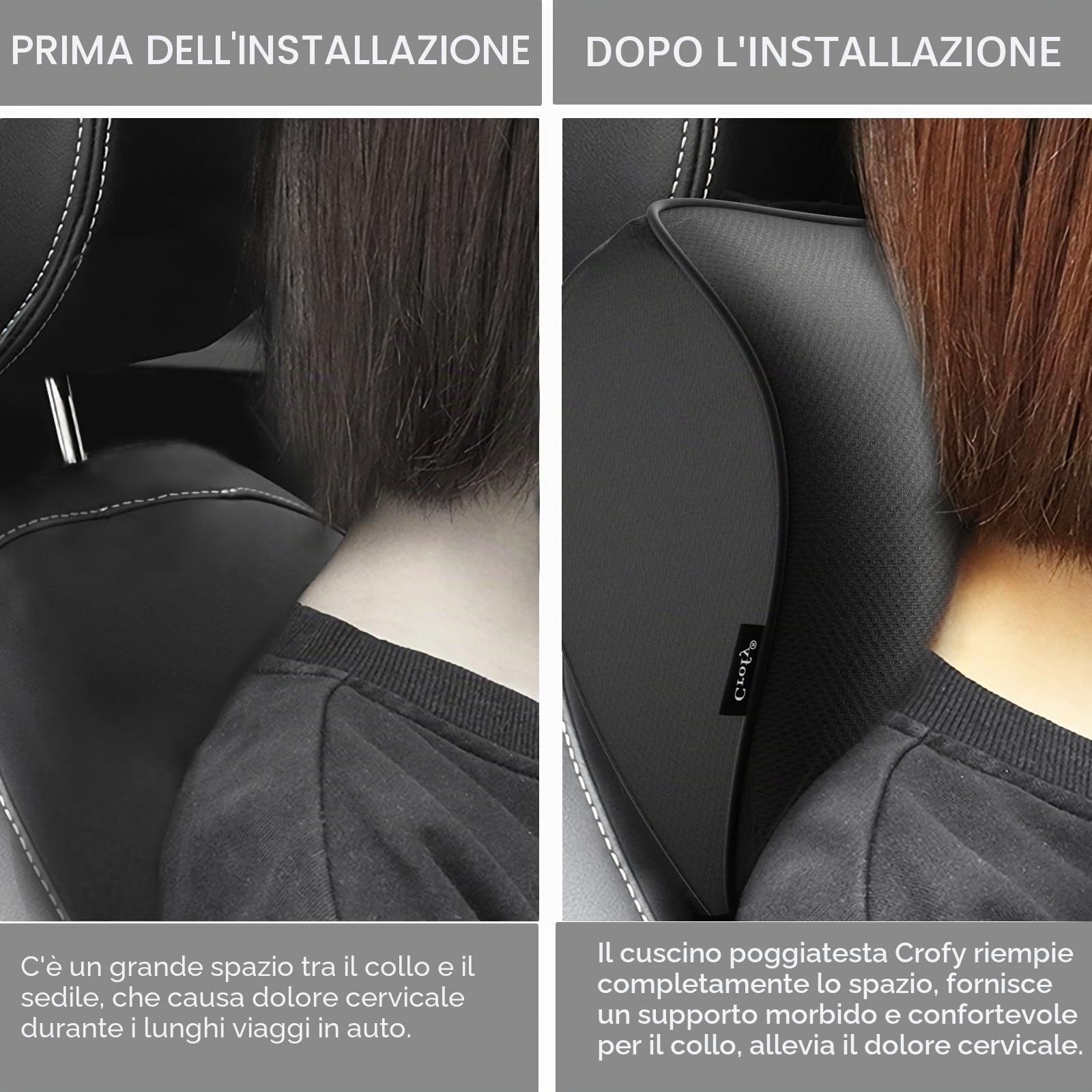 Crofy Set di 2 Cuscini per il Collo per Auto – Morbido Poggiatesta per la Guida con Cinghia Regolabile, 100% Memory Foam e Fodera Traspirante Rimovibile, Design Ergonomico e Confortevole