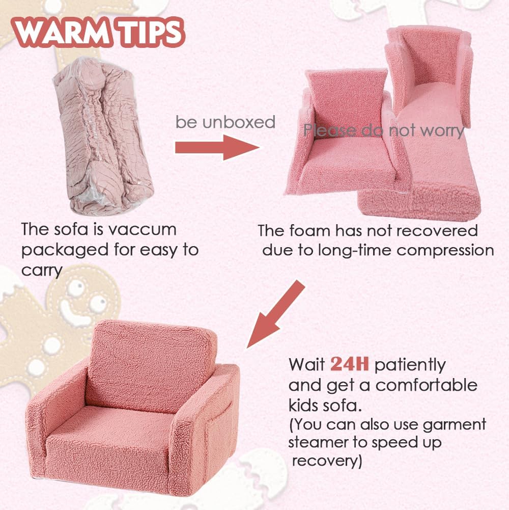 Furnishh Kids Sofa Couch Fold Out, Baby Toddler Comfy Soft Chair for Boys Girls, Flip Out Foldable Children 2 in 1 Convertible Sofa to Lounger, Folding Child Sleeper for Playroom, Pink - Image 5