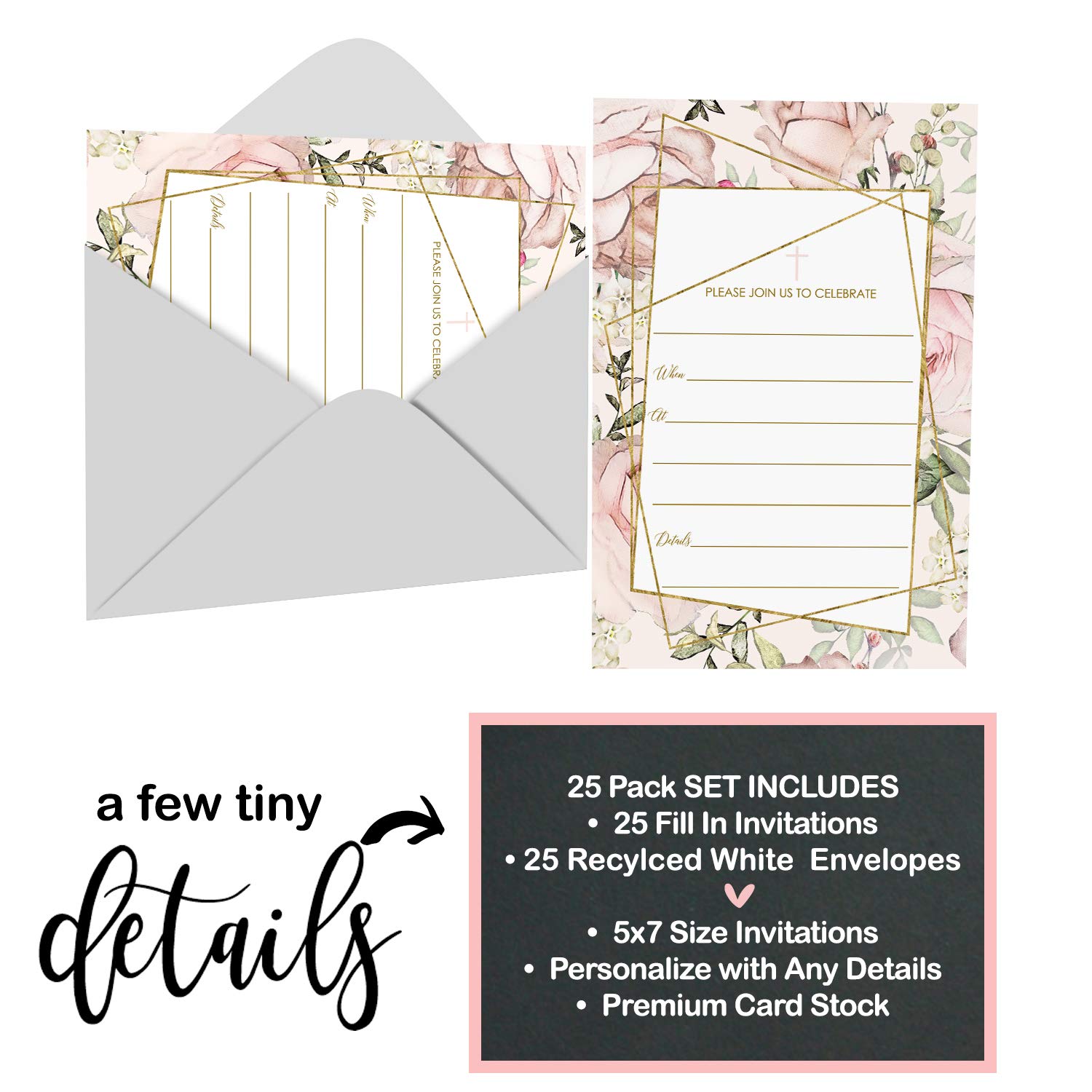 Buy Rose and Gold Baptism Invitations with Envelopes (25 Pack